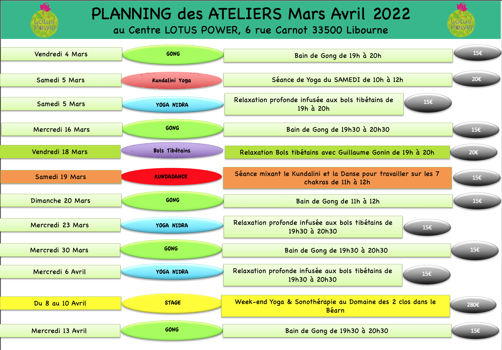 Planning des ateliers Mars et Avril 2022