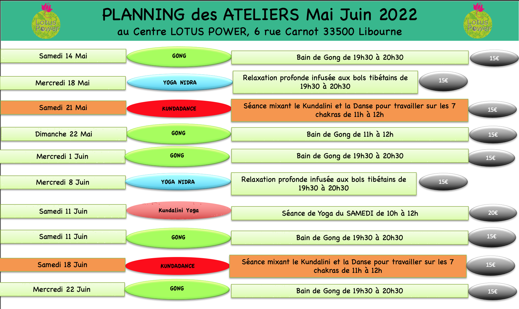 Planning des ateliers Mai et Juin 2022